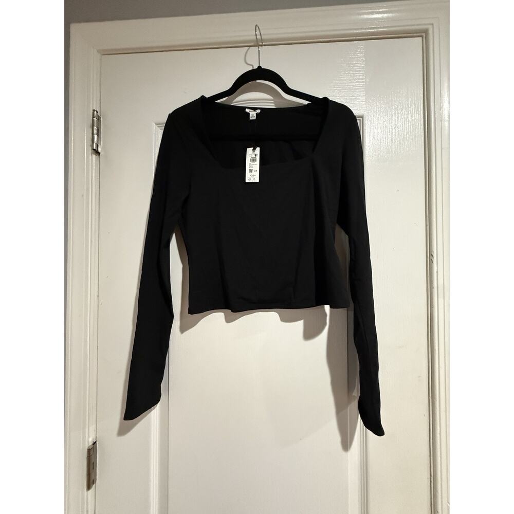 NWT Garage Black Lightweight Square Neck Long Sleeve Cropped Top Shirt Size L